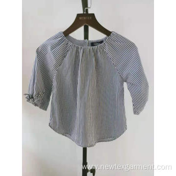 cotton yarn dyed striped tie sleeve girls blouse